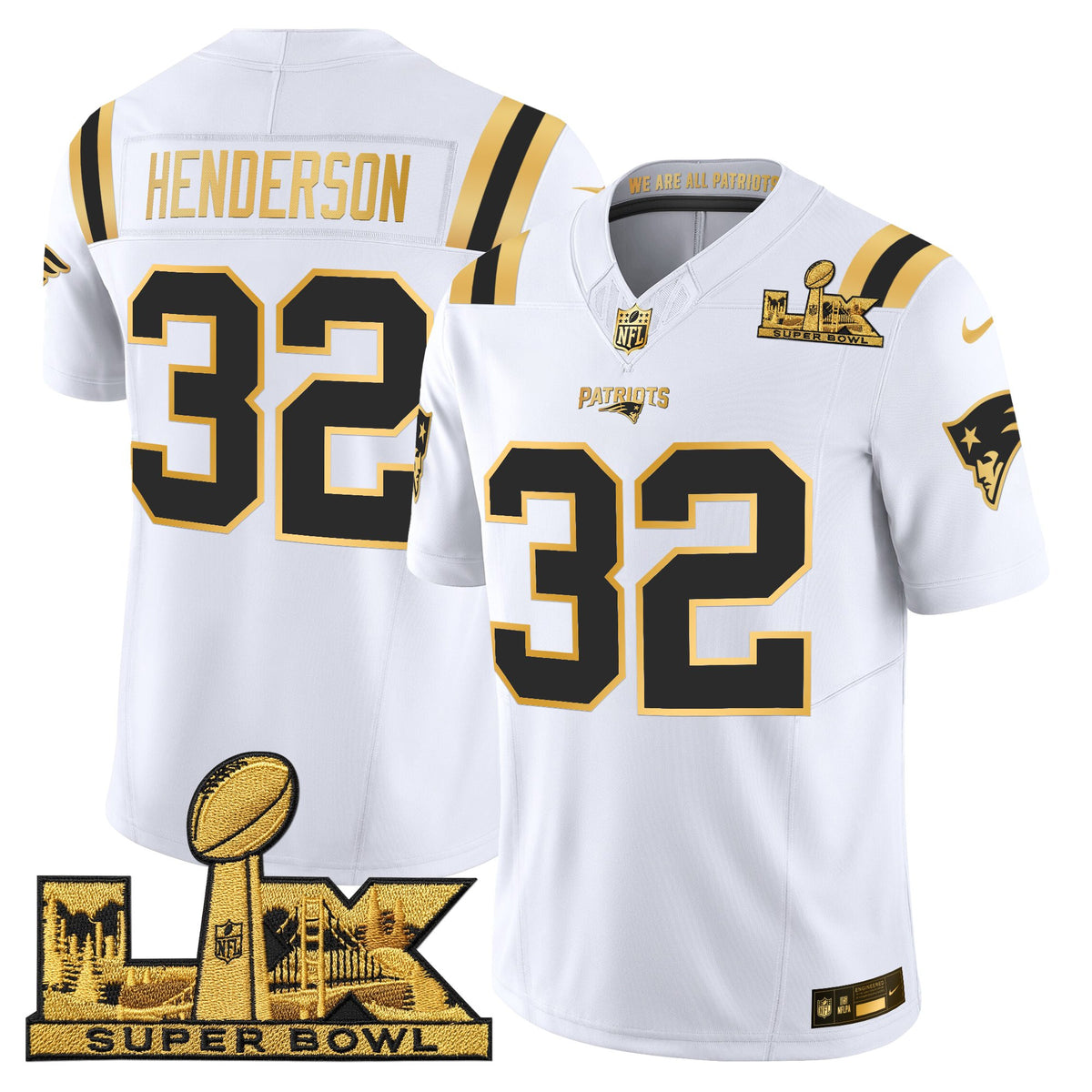 Men's New England Patriots Super Bowl LX Gold Vapor Limited Jersey - All Stitched - White Gold - TreVeyon Henderson — view 1