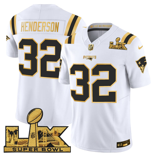 Men's New England Patriots Super Bowl LX Gold Vapor Limited Jersey - All Stitched - White Gold - TreVeyon Henderson — view 1
