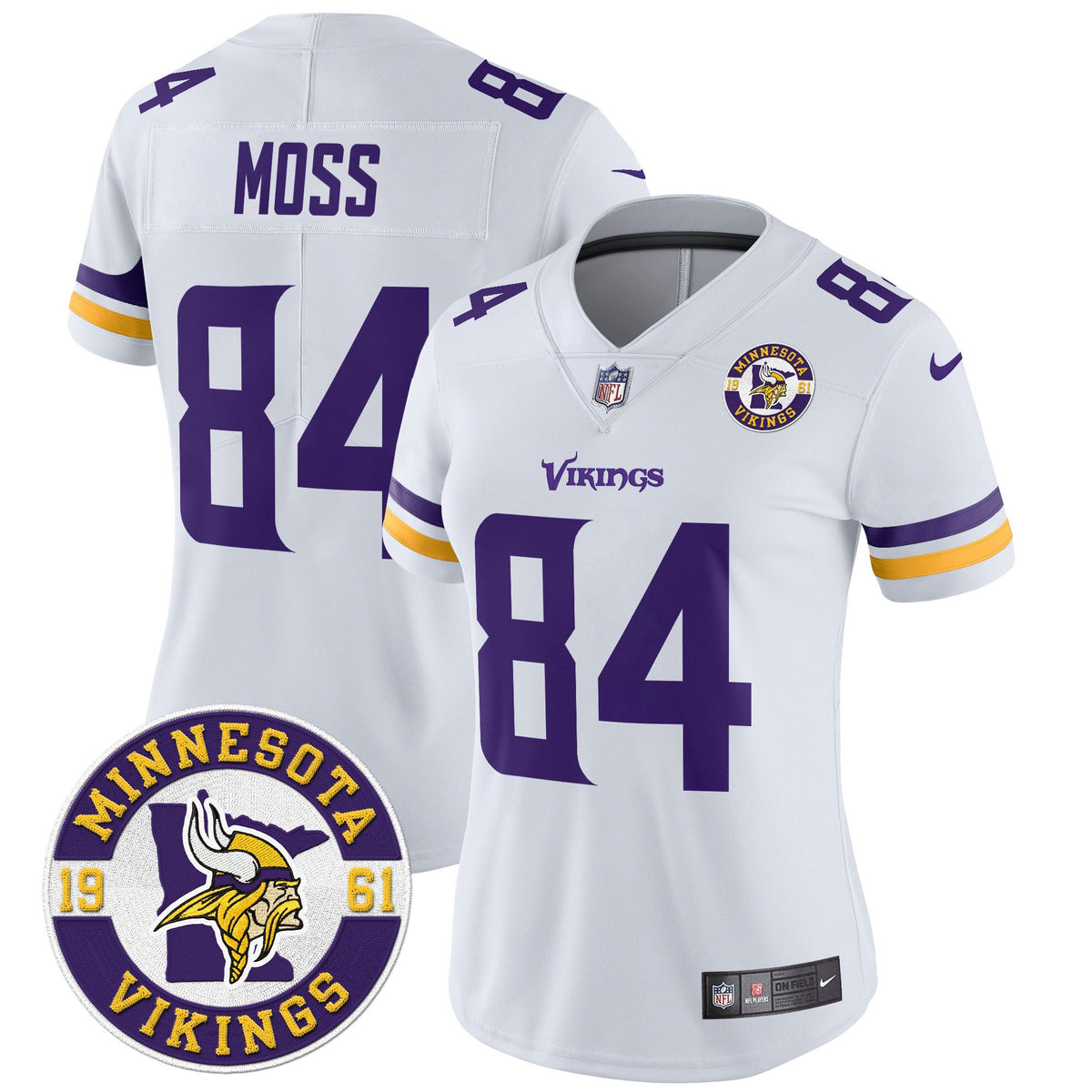 Women's Minnesota Vikings 2024 Vapor Limited Jersey V2 - Est. 1961 Patch - All Stitched - White - Randy Moss — view 1