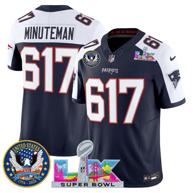 Men's New England Patriots Super Bowl LX & United States 250th Patch Vapor Limited Jersey - All Stitched - Navy Alternate - Minuteman 617 — view 1