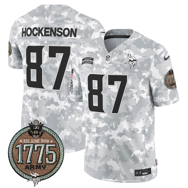 Men's Vikings 2024 Salute to Service Establishment Year Patch Vapor Limited Jersey - All Stitched - Army - T.J. Hockenson — view 1