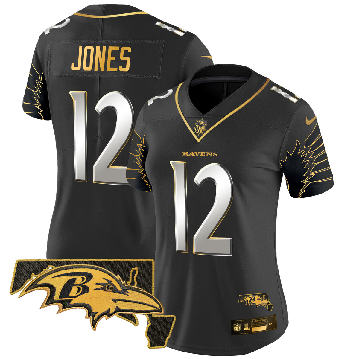 Women's Ravens Maryland Patch Gold Vapor Limited Jersey V2 - All Stitched - Black Limited - Jacoby Jones — view 1