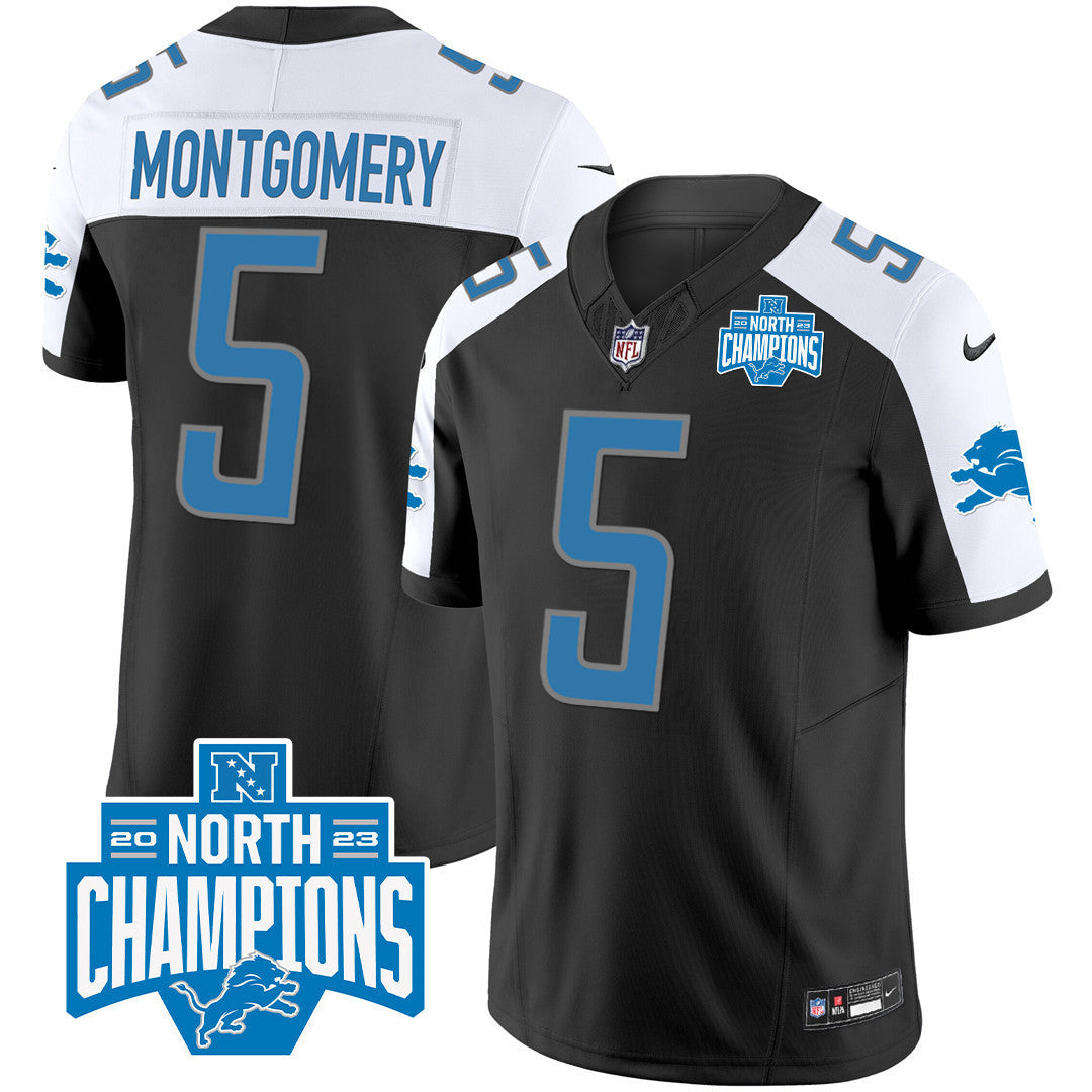 Men's Detroit Lions 2023 NFC North Division Champions Patch Vapor Jersey - All Stitched - Black Alternate - David Montgomery — view 1