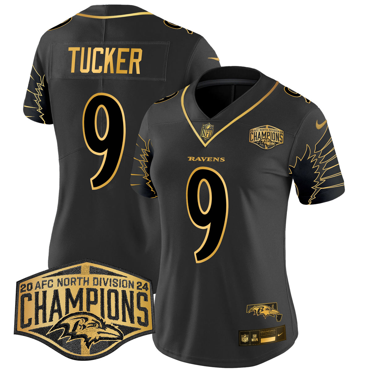 Women's Ravens Maryland 2024 AFC North Division Champions Patch Gold Vapor Limited Jersey - All Stitched - Black Gold - Justin Tucker — view 1