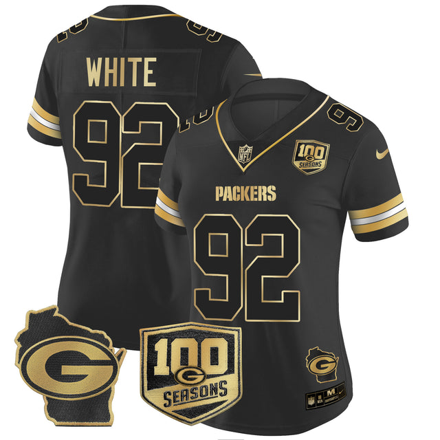 Women's Packers 100th Season & Home Patch Gold Vapor Limited Jersey – All Stitched - Black Gold - Reggie White — view 1