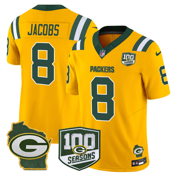 Men's Packers 100th Season & Home Patch Vapor Limited Jersey - All Stitched - Gold - Josh Jacobs — view 1