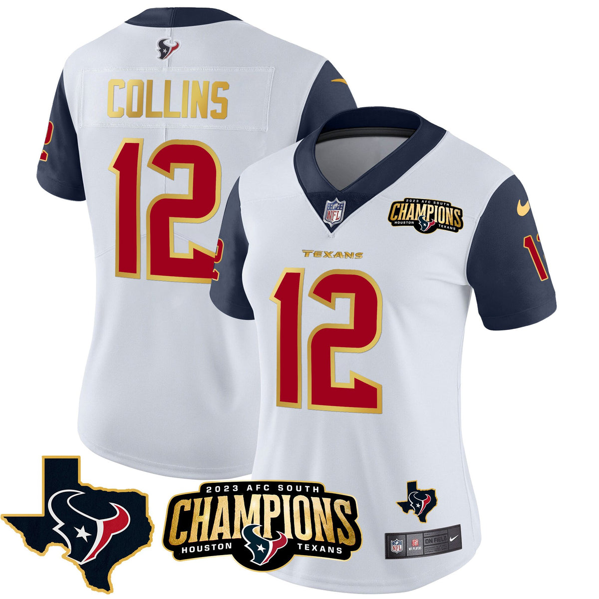 Women's Houston Texans 2023 AFC South Champions Patch Gold Trim Vapor Jersey - All Stitched - Navy Sleeves - Nico Collins — view 1