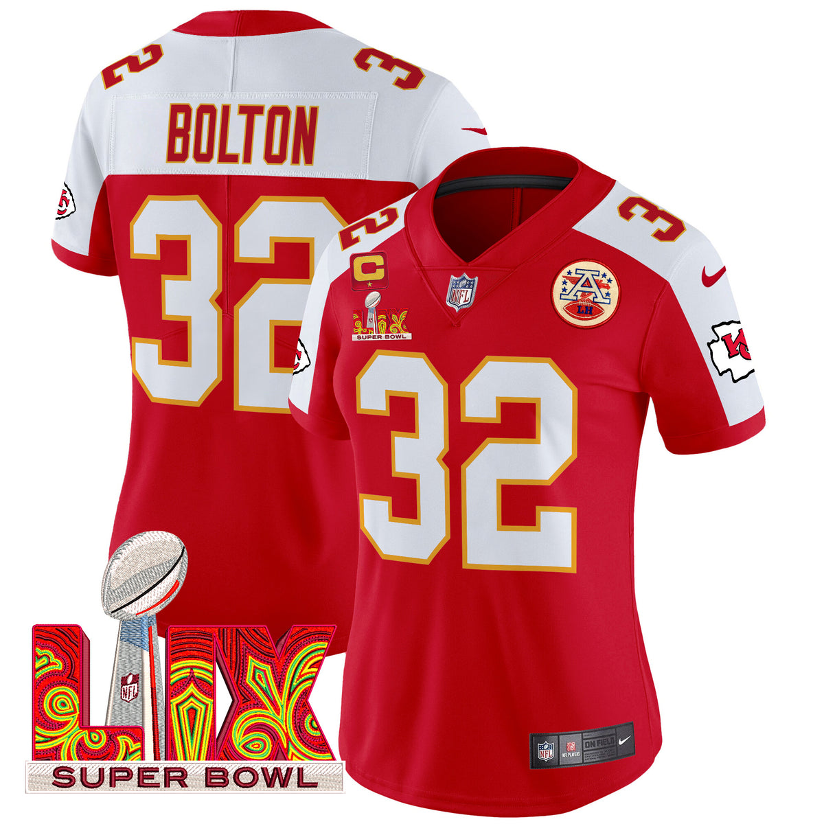 Women's Chiefs Super Bowl LIX Patch Vapor Limited Jersey - All Stitched - Red Alternate - Nick Bolton — view 1
