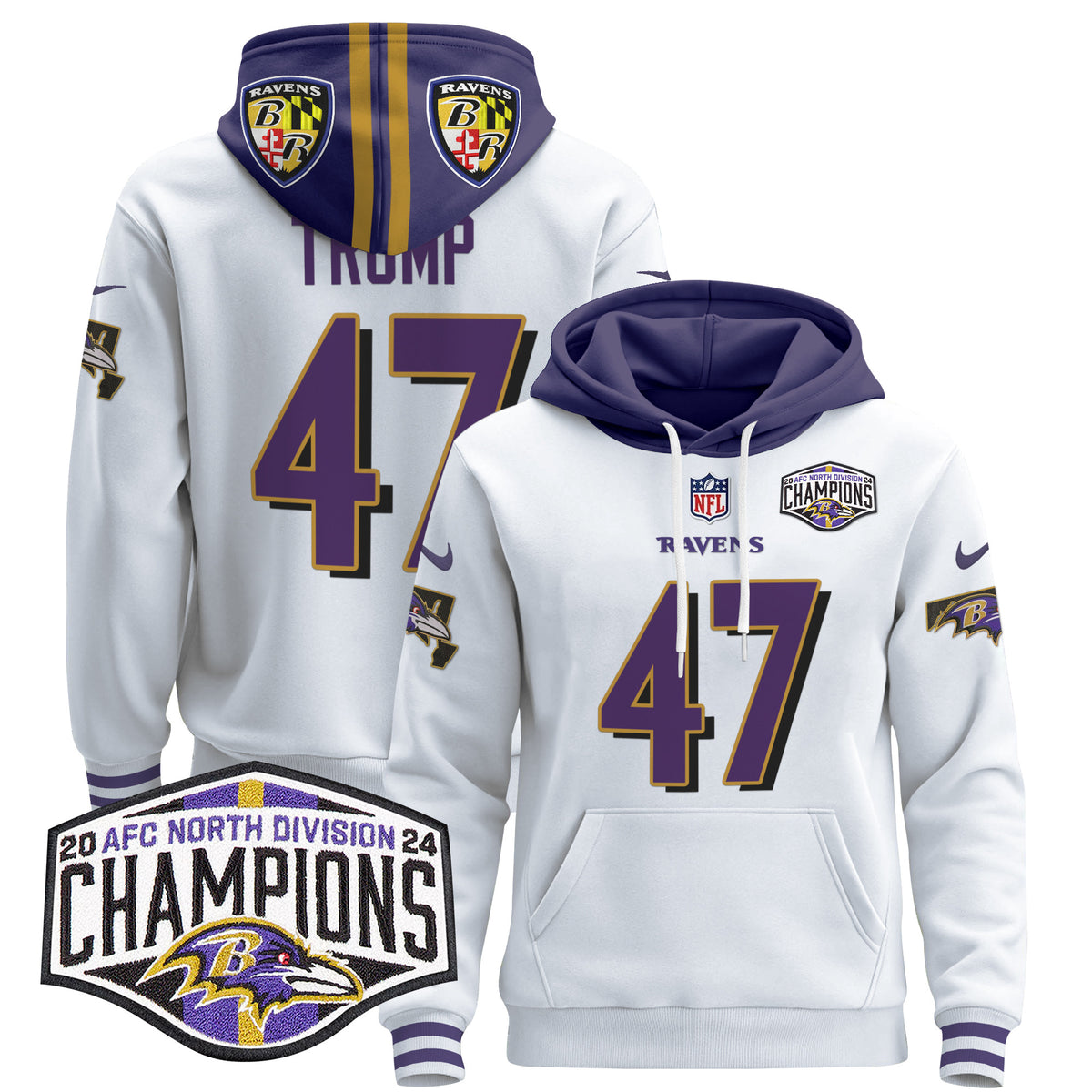 Men's Baltimore Ravens 2024 AFC North Division Champions Patch Pullover Hoodie V2 - All Stitched - White - Donald Trump — view 1
