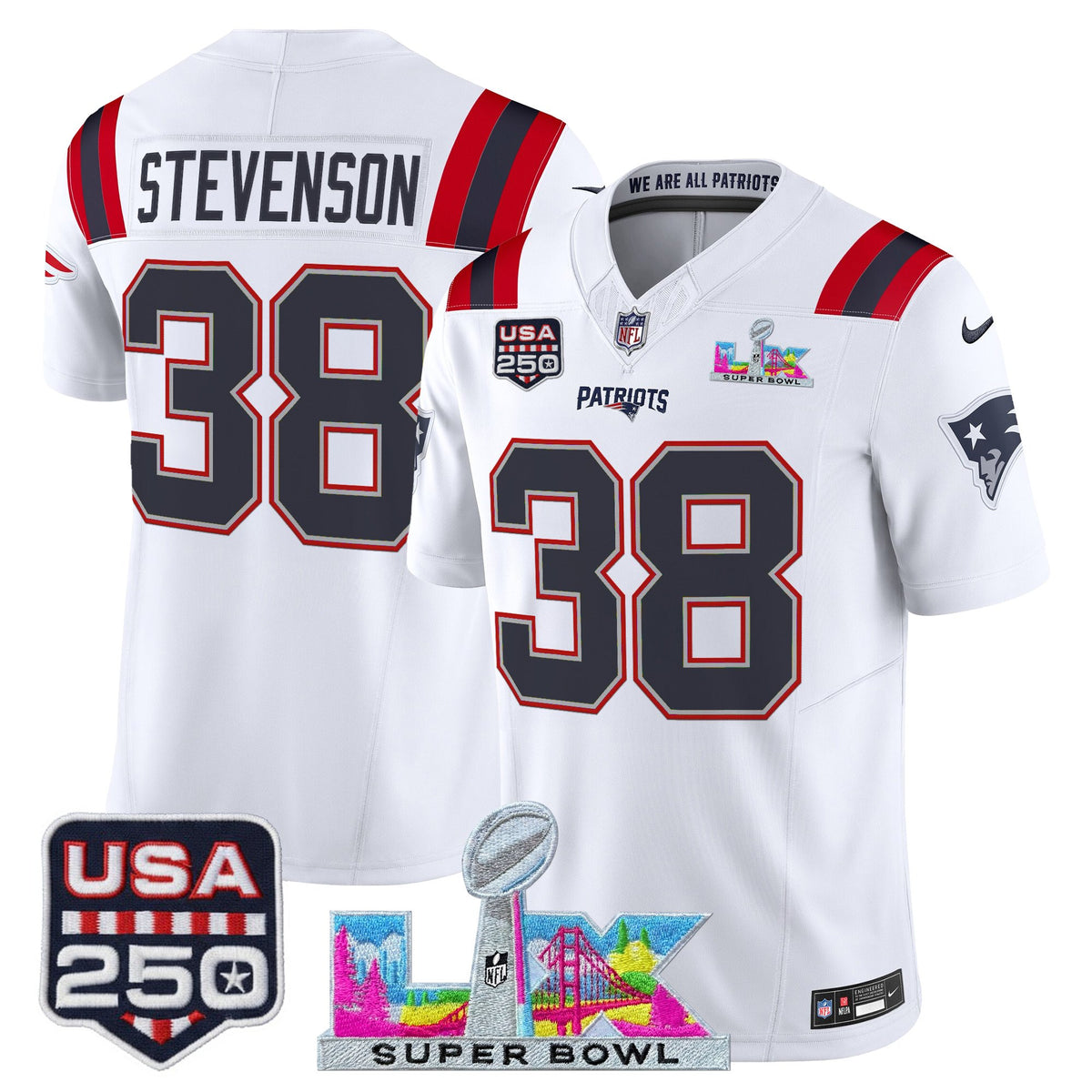 Men's New England Patriots Super Bowl LX & United States 250th Anniversary Patch Vapor Limited Jersey ~25cf8277 - White - Rhamondre Stevenson — view 1