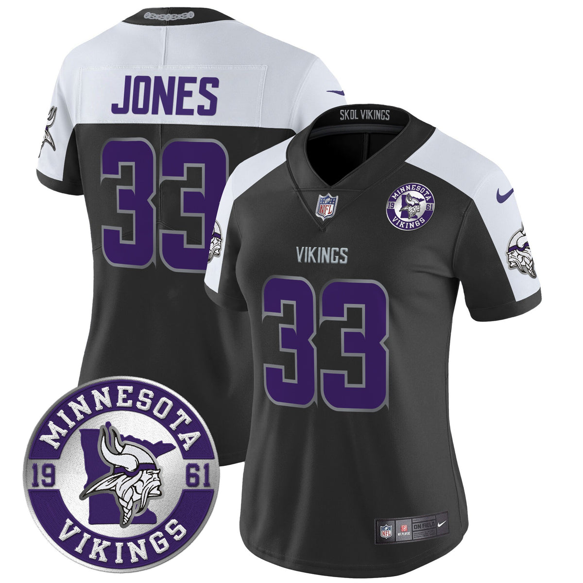 Women's Minnesota Vikings 2024 Vapor Limited Jersey - Est. 1961 Patch - All Stitched - Black Alternate - Aaron Jones — view 1