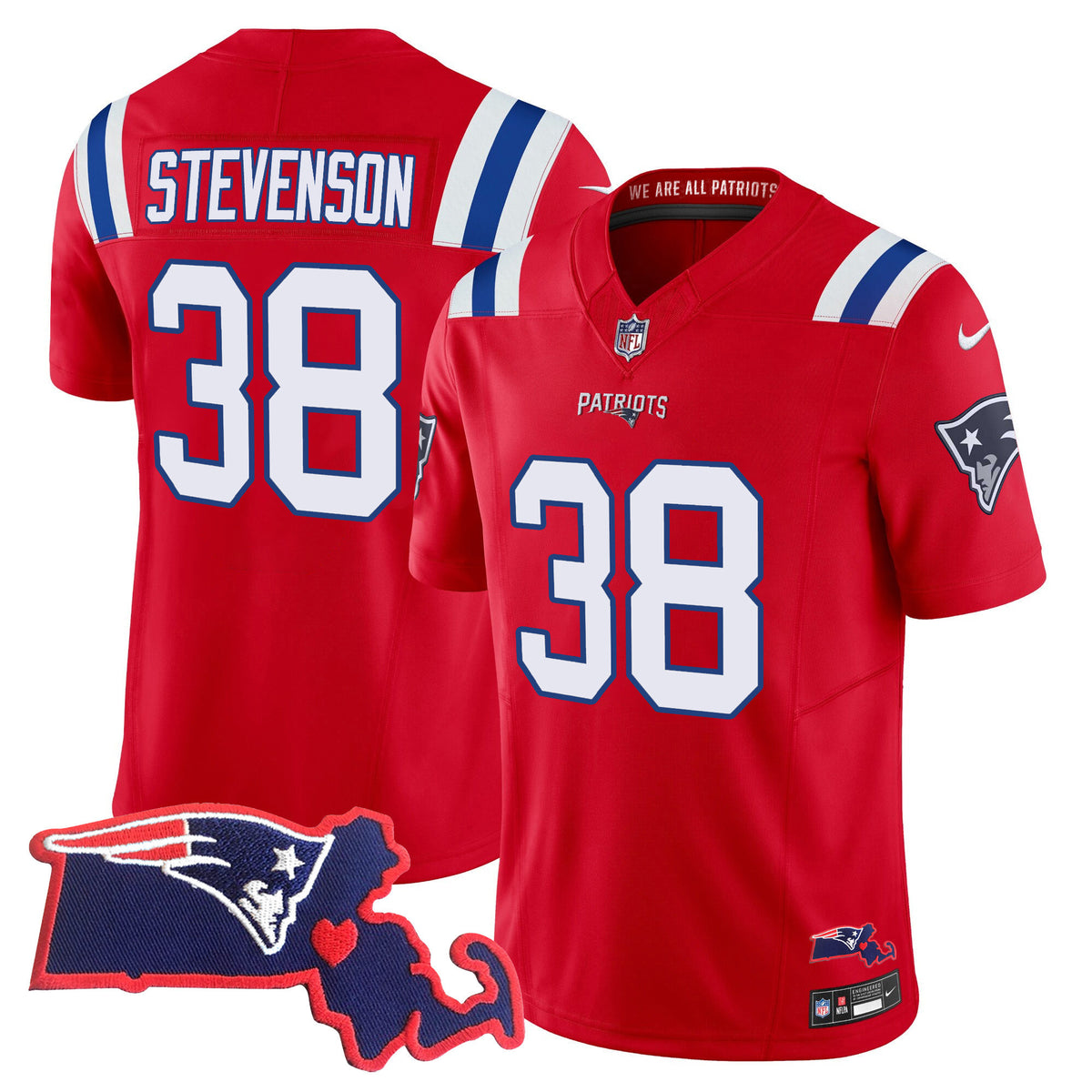 Men's Patriots Bill Belichick SB 36, 38, 39, 49, 51 Champions Vapor Jersey - All Stitched - Red - Rhamondre Stevenson — view 1