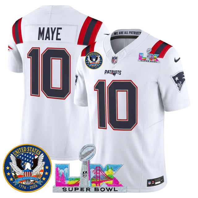 Men's New England Patriots Super Bowl LX & United States 250th Patch Vapor Limited Jersey - All Stitched - White - Drake Maye — view 1