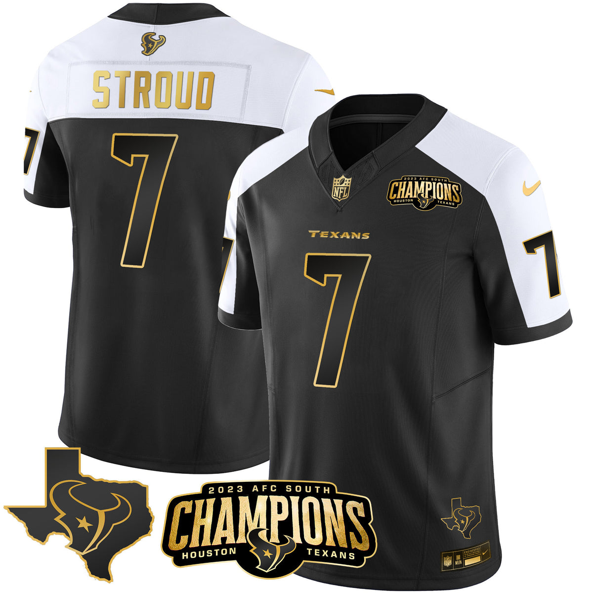 Men's Houston Texans 2023 AFC South Champions Patch Gold Vapor Jersey - All Stitched - Alternate Gold - C.J. Stroud — view 1