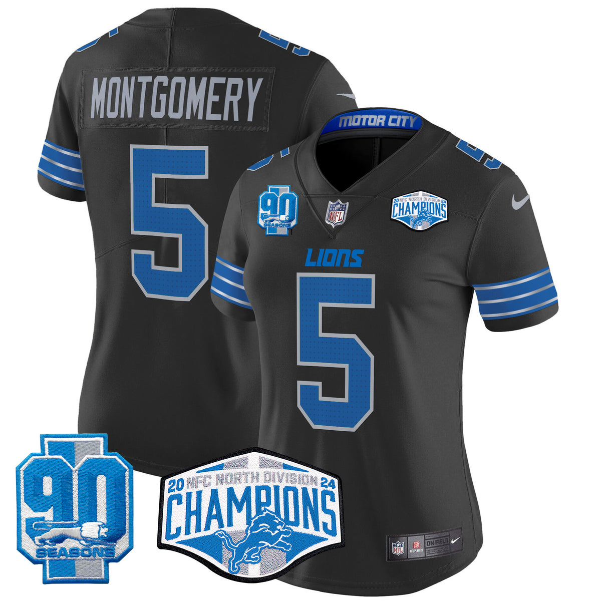 Women's Detroit Lions 2024 NFC North Division Champions Patch Vapor Limited Jersey - All Stitched - Black - David Montgomery — view 1