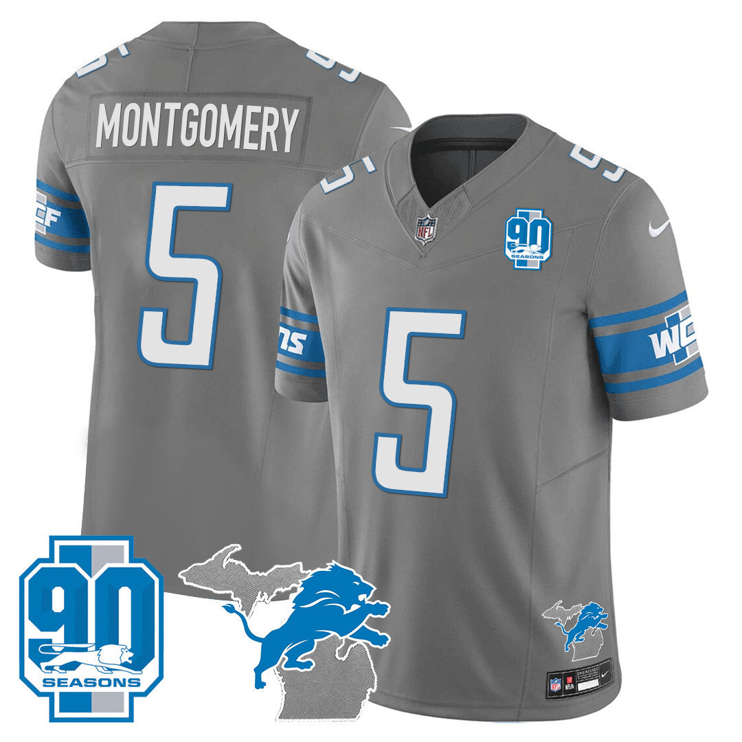 Men's Detroit Lions 90th Year & Michigan Patch Vapor Jersey - All Stitched - Gray - David Montgomery — view 1