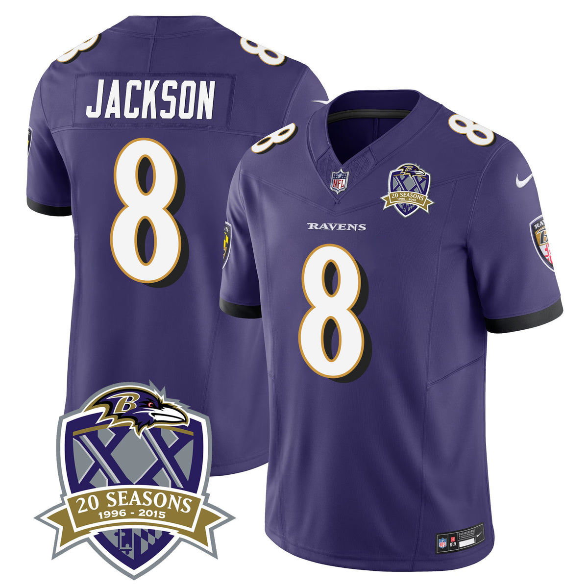Men's Ravens 20th Season Patch Vapor Limited Jersey - All Stitched - Purple - Lamar Jackson — view 1