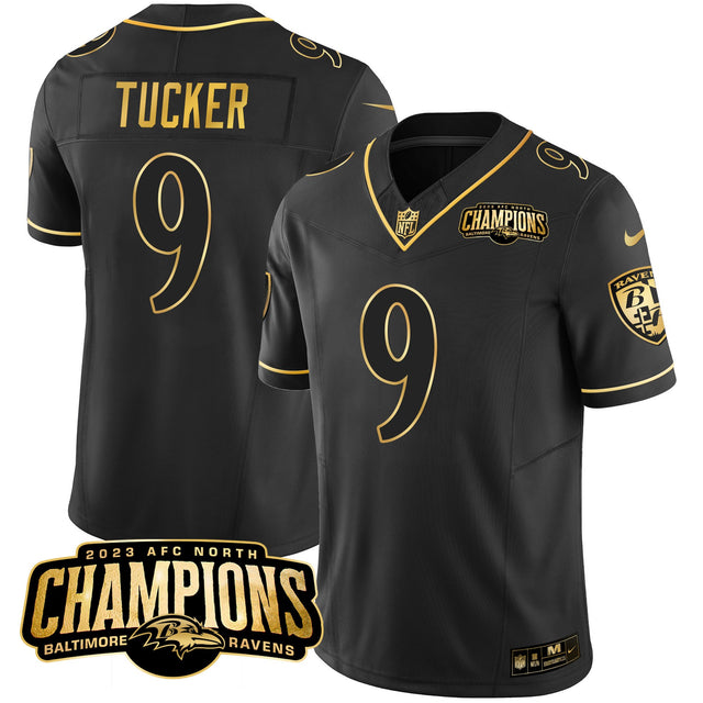 Men's Ravens 2023 AFC North Champions Patch Gold Vapor Jersey - All Stitched - Black Gold - Justin Tucker — view 1