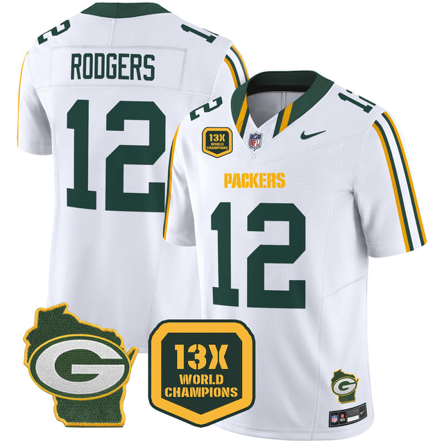 Men's Packers 13 Time World Champions & Home Patch Vapor Limited Jersey – All Stitched - White - Aaron Rodgers — view 1