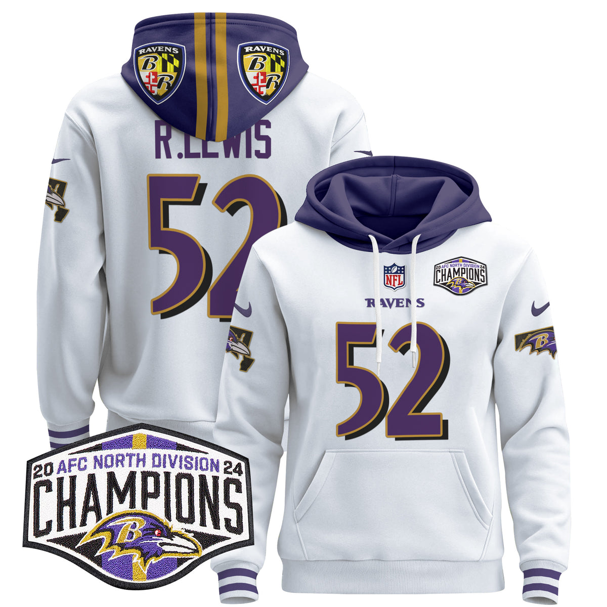 Men's Baltimore Ravens 2024 AFC North Division Champions Patch Pullover Hoodie V2 - All Stitched - White - Ray Lewis — view 1