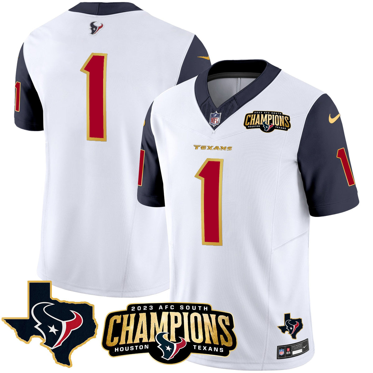 Men's Houston Texans 2023 AFC South Champions Patch Gold Trim Vapor Jersey - All Stitched - Navy Sleeves - #1 Team — view 1