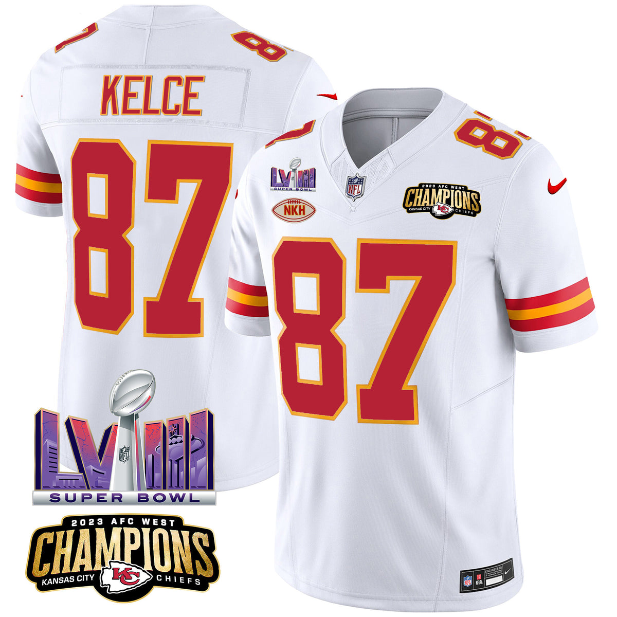 Men's Chiefs AFC West Champions & Super Bowl LVIII Patch Vapor Jersey - All Stitched - White - Travis Kelce — view 1