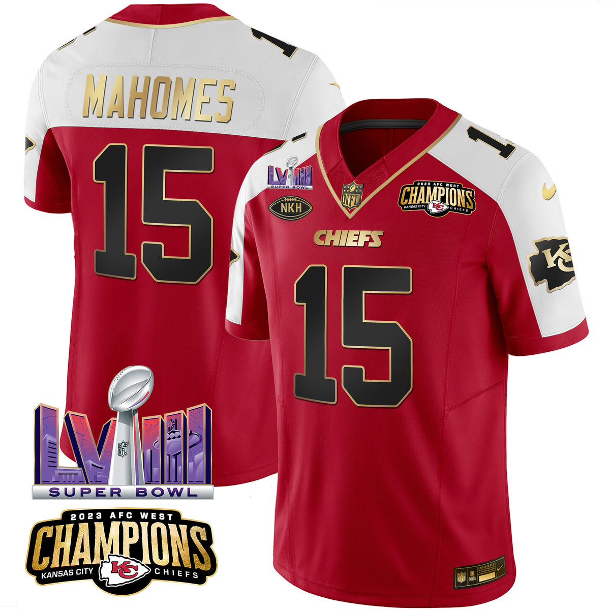 Men's Chiefs AFC West Champions & Super Bowl LVIII Patch Vapor Jersey - All Stitched - Red Alternate - Patrick Mahomes — view 1