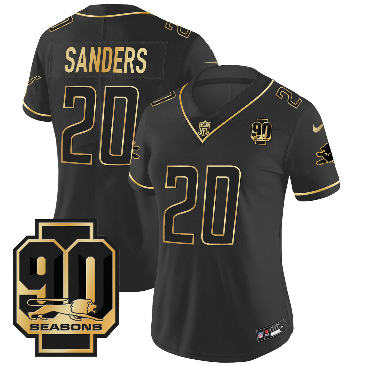 Women's Detroit Lions 90th Year Patch Gold Jersey - All Stitched - Black Gold - Barry Sanders — view 1