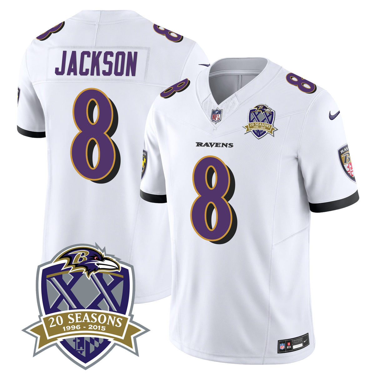 Men's Ravens 20th Season Patch Vapor Limited Jersey - All Stitched - White - Lamar Jackson — view 1