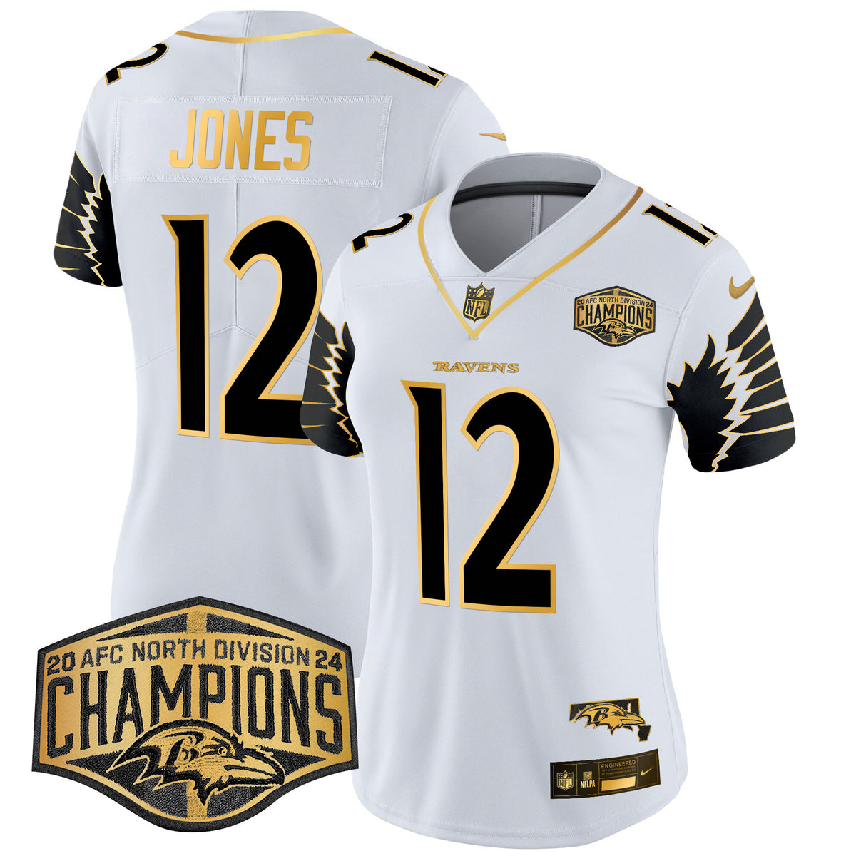 Women's Ravens Maryland 2024 AFC North Division Champions Patch Gold Vapor Limited Jersey - All Stitched - White Gold - Jacoby Jones — view 1