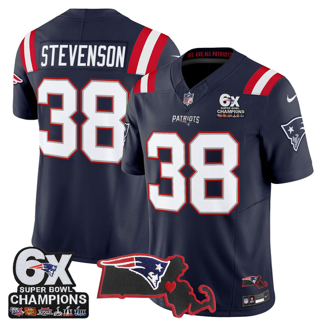 Men's New England Patriots 6-Time Champions & Massachusetts Patch Vapor Limited Jersey - All Stitched - Navy - Rhamondre Stevenson — view 1