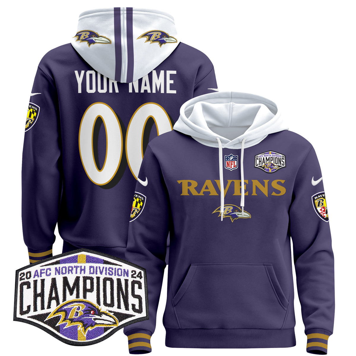 Baltimore Ravens 2024 AFC North Division Champions Patch Custom Pullover Hoodie - All Stitched - Purple — view 1