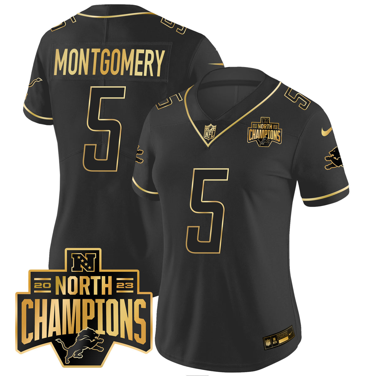 Women's Detroit Lions 2023 NFC North Division Champions Patch Vapor Gold Jersey - All Stitched - Black Gold - David Montgomery — view 1