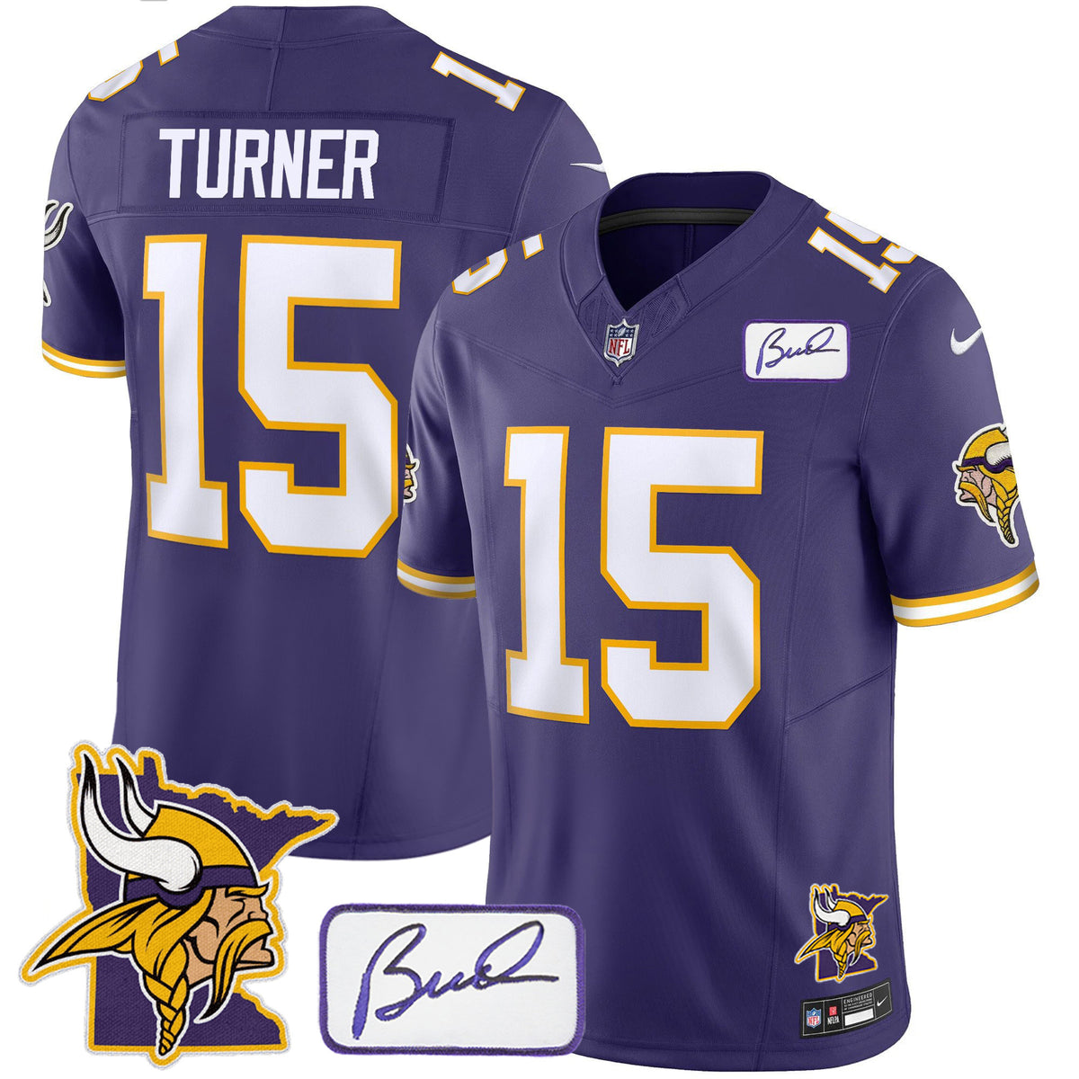 Men's Vikings Bud Grant & Minnesota Patch Classic Limited Jersey - All Stitched - Purple - Dallas Turner — view 1