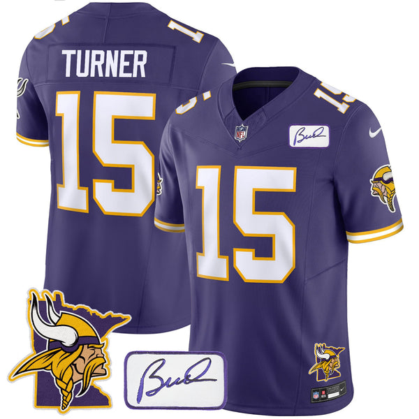 Men's Vikings Bud Grant & Minnesota Patch Classic Limited Jersey - All Stitched - Purple - Dallas Turner — view 1