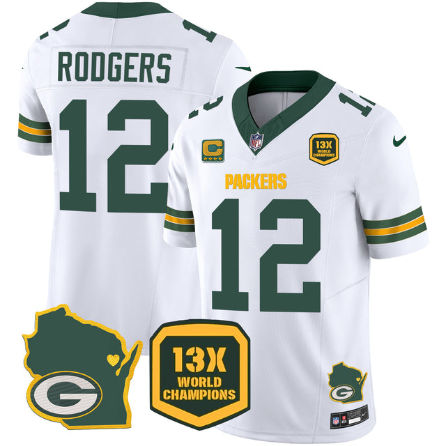 Men's Packers 13 Time World Champions & Home Patch Vapor Jersey V2 – All Stitched - White - Aaron Rodgers — view 1