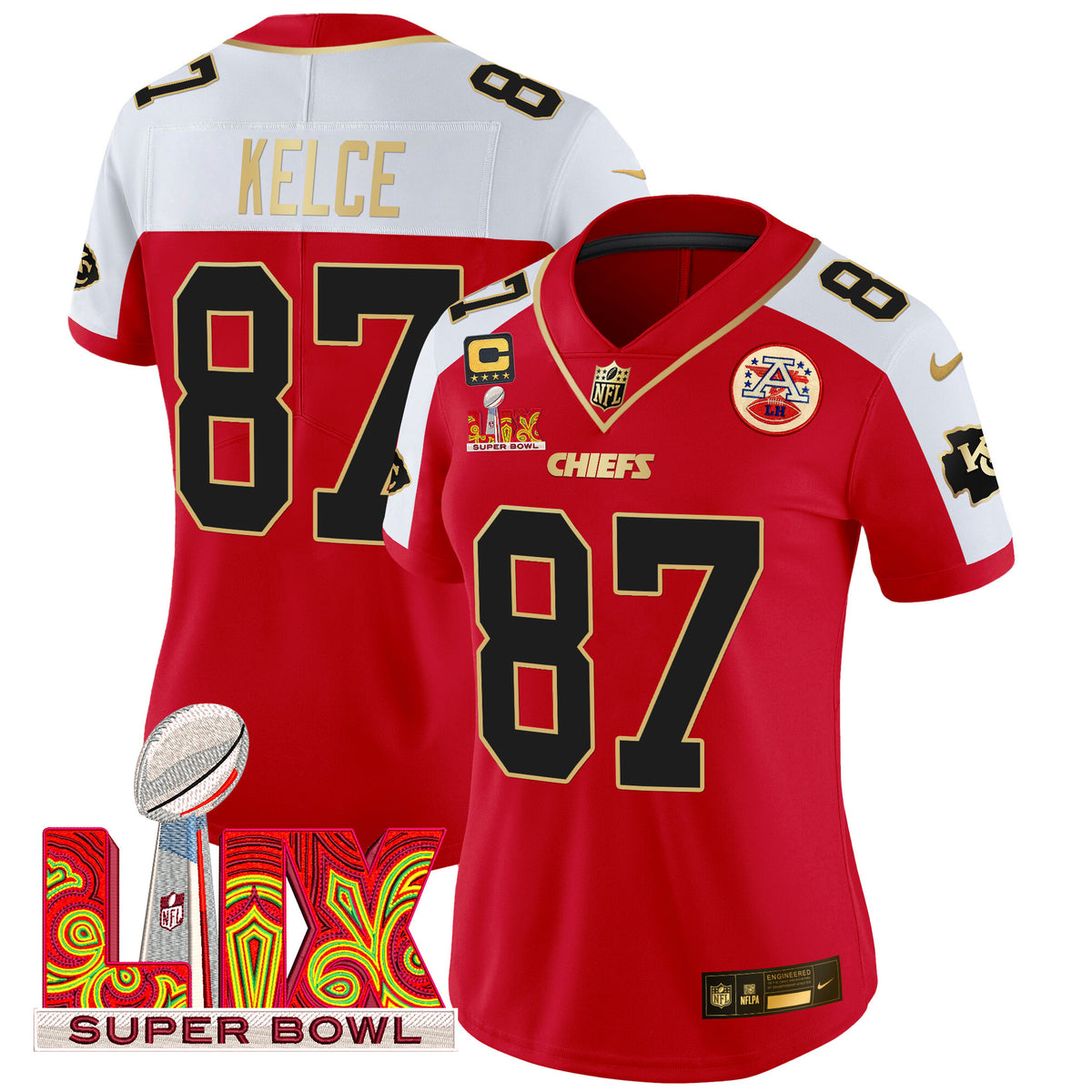 Women's Chiefs Super Bowl LIX Patch Gold Trim Vapor Limited Jersey - All Stitched - Red Alternate - Travis Kelce — view 1