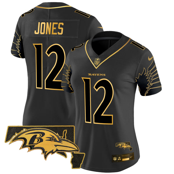 Women's Ravens Maryland Patch Gold Vapor Limited Jersey V2 - All Stitched - Black Gold - Jacoby Jones — view 1