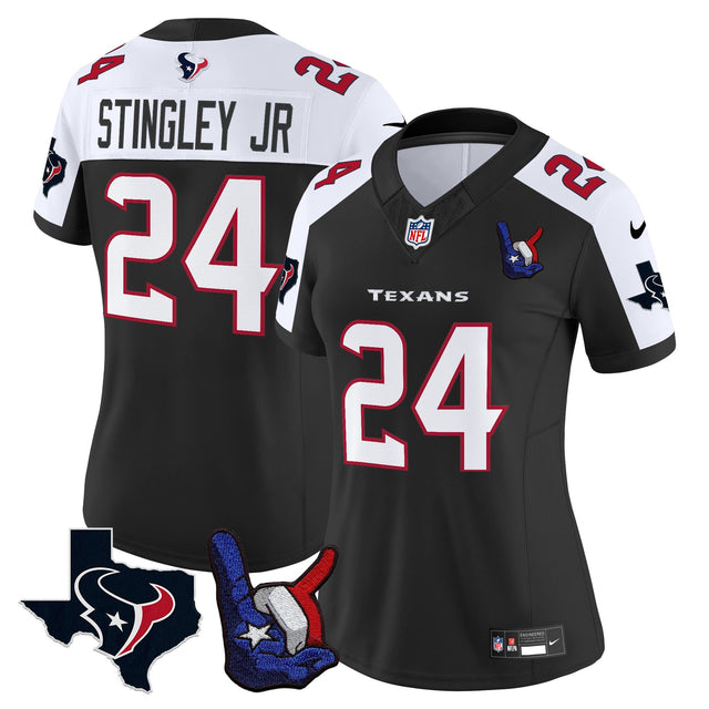 Women's Houston Texans Hand Sign Throwing Up The H Vapor Jersey - All Stitched - Black Alternate - Derek Stingley Jr — view 1