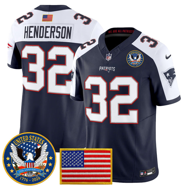 Men's New England Patriots United States 250th Anniversary Patch Vapor Limited Jersey - All Stitched - Navy Alternate - TreVeyon Henderson — view 1