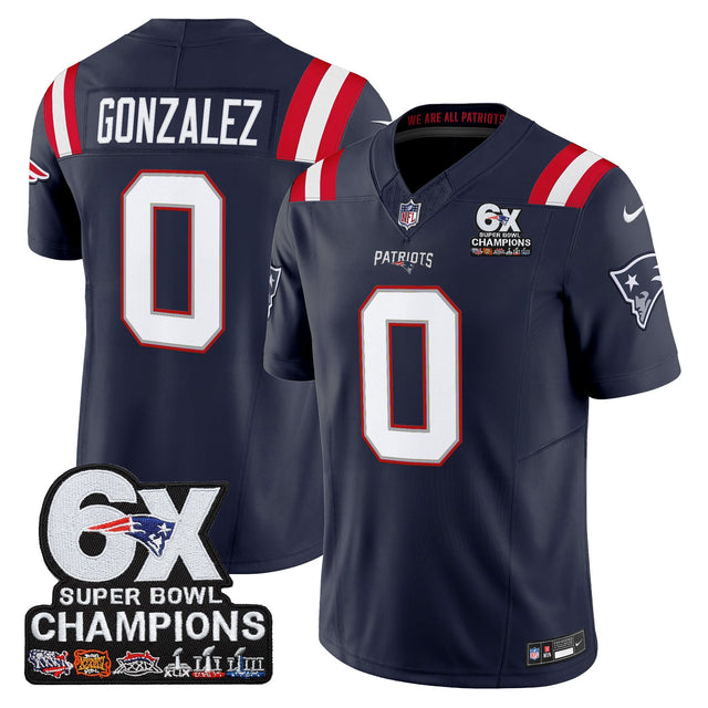 Men's New England Patriots 6-Time Champions Patch Vapor Limited Jersey - All Stitched - Navy - Christian Gonzalez — view 1