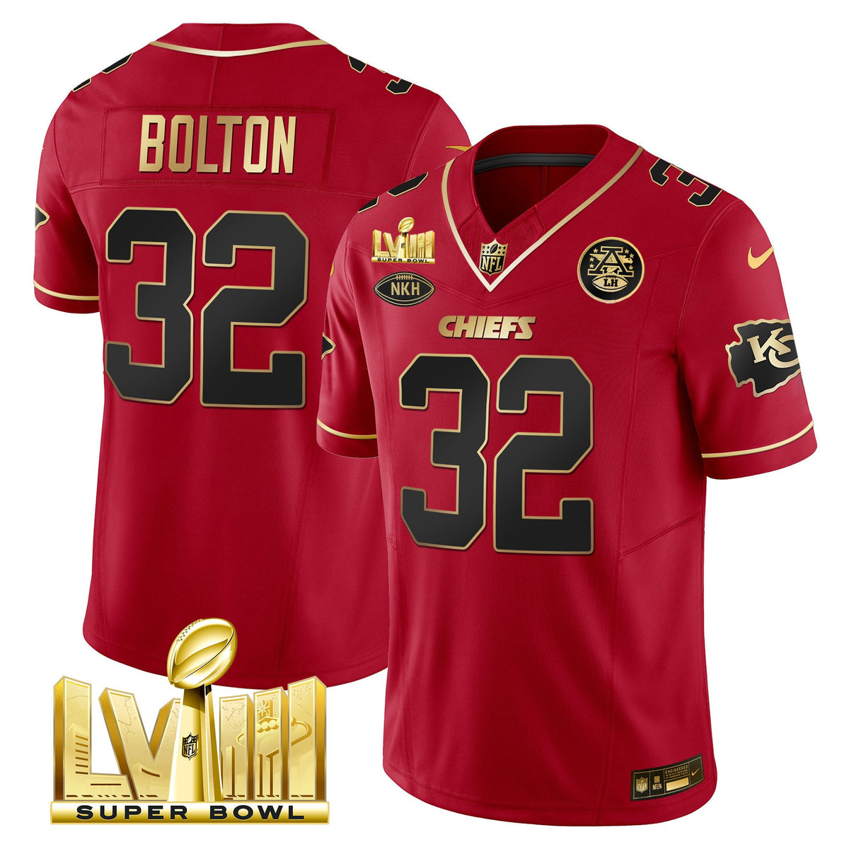 Men's Chiefs Super Bowl LVIII Gold Patch Vapor Jersey V2 - All Stitched - Red Special - Nick Bolton — view 1