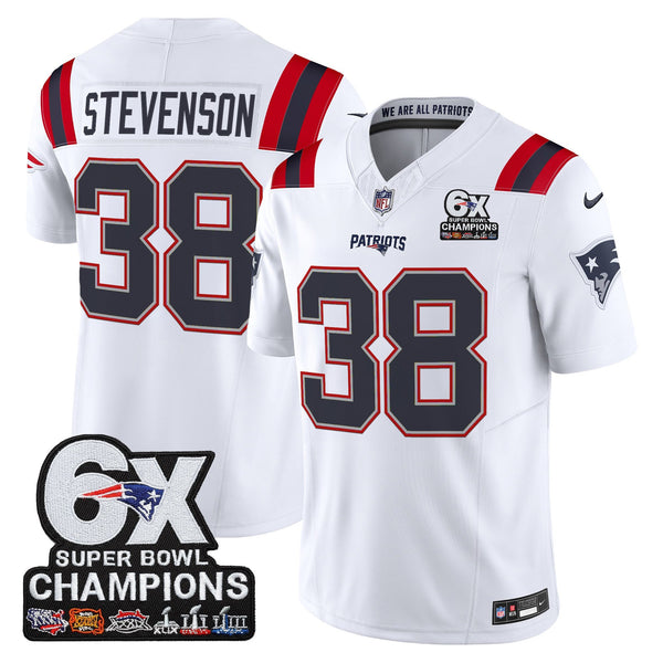 Men's New England Patriots 6-Time Champions Patch Vapor Limited Jersey - All Stitched - White - Rhamondre Stevenson — view 1