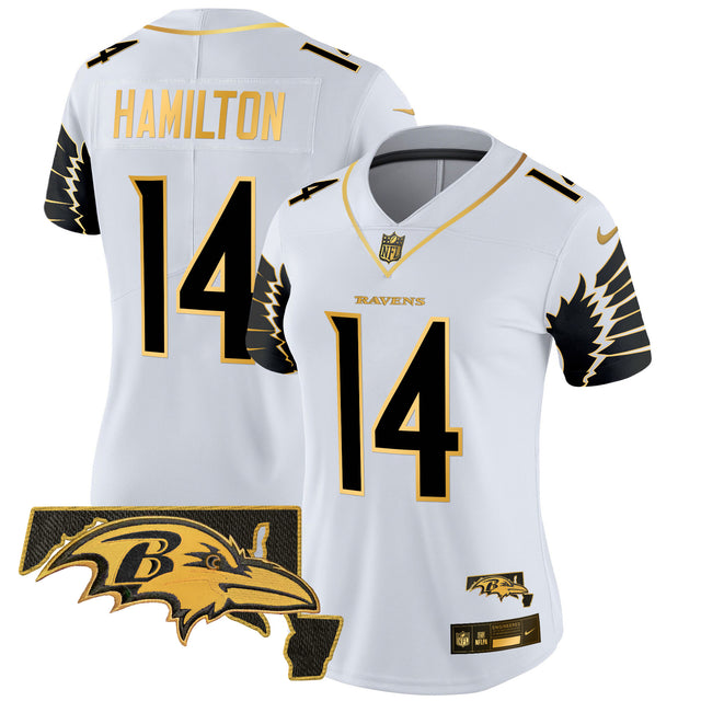 Women's Ravens Maryland Patch Gold Vapor Limited Jersey V2 - All Stitched - White Gold - Kyle Hamilton — view 1