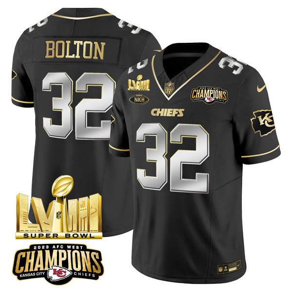 Men's Chiefs AFC West Champions & Super Bowl LVIII Gold Patch Vapor Jersey V2 - All Stitched - Black Limited - Nick Bolton — view 1