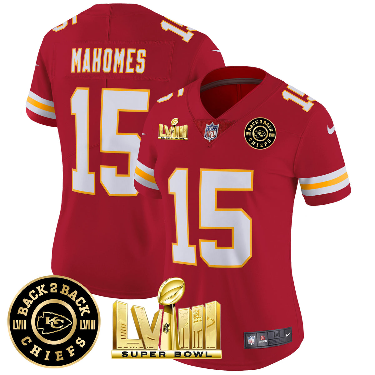 Women's Chiefs Super Bowl LVIII & Back 2 Back Patch Vapor Jersey V3 - All Stitched - Red - Patrick Mahomes — view 1