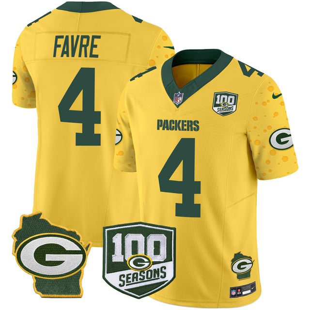 Men's Packers 100th Season & Home Patch Cheese Vapor Limited Jersey – All Stitched - Gold - Brett Favre — view 1