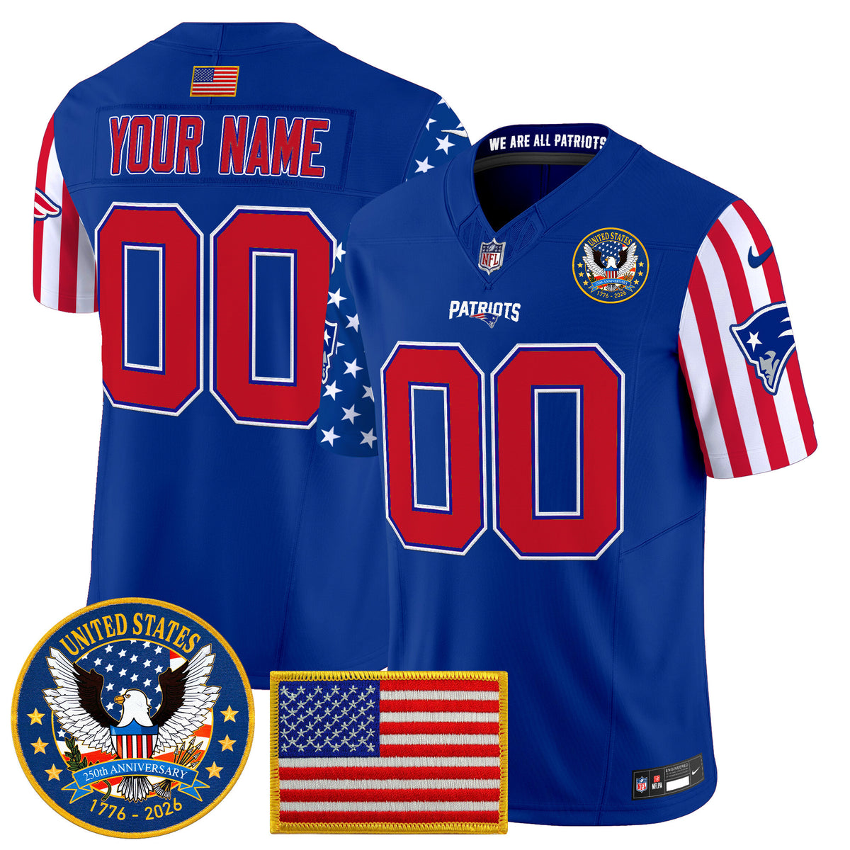 New England Patriots America250 Edition Vapor Limited Custom Jersey - All Stitched - Royal — view 1