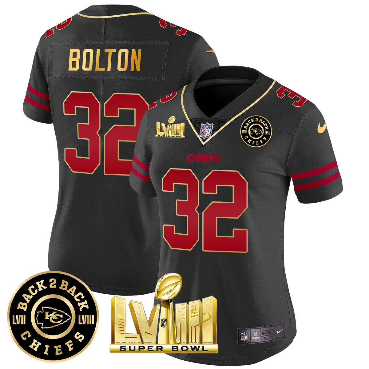 Women's Chiefs Super Bowl LVIII & Back 2 Back Patch Vapor Jersey V3 - All Stitched - Gold Trim - Nick Bolton — view 1