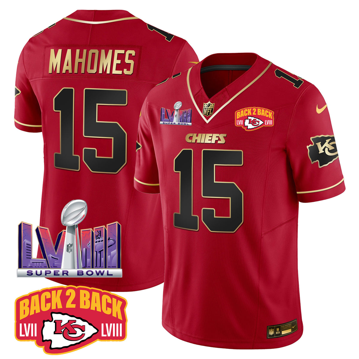 Men's Chiefs Super Bowl LVIII & Back 2 Back Patch Vapor Jersey - All Stitched - Red Special - Patrick Mahomes — view 1